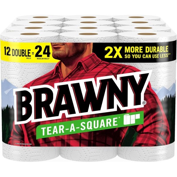 Brawny Tear-A-Square Paper Towels, 12 Double Rolls = 24 Regular Rolls, 3 Sheet Sizes (Quarter, Half, Full), Strength for All Messes, Cleanups, and Meal Prep