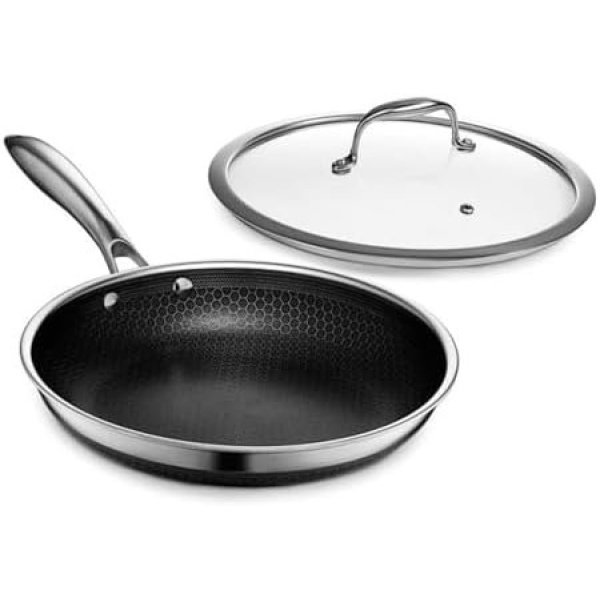 HexClad Hybrid Nonstick 10-Inch Frying Pan with Tempered Glass Lid, Stay-Cool