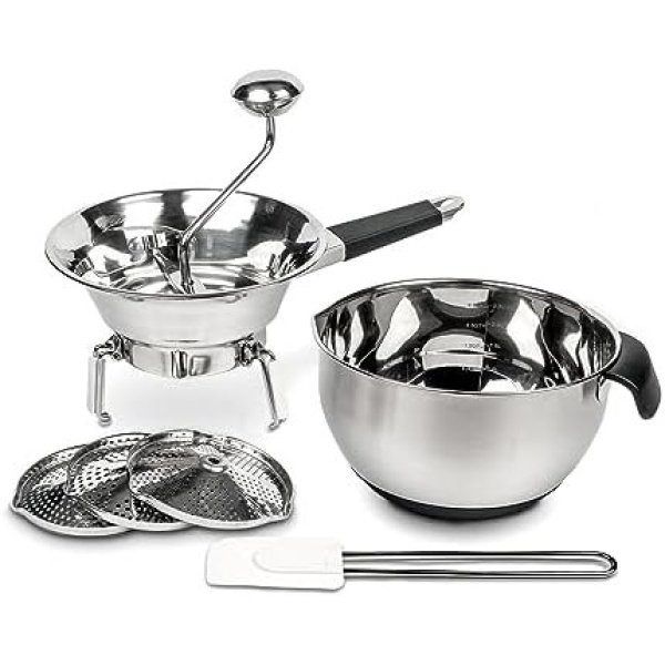 Food Mill Stainless Steel with 3 Grinding Discs, Milling Handle & Stainless