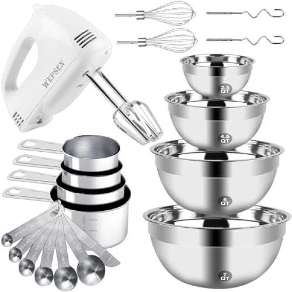 Hand Mixer Electric Mixing Bowls Set, 5 Speeds Handheld Mixer