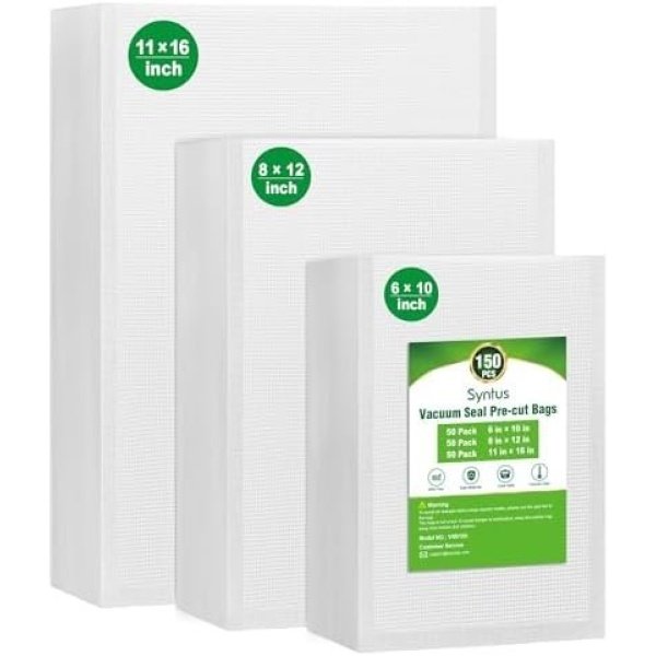 Syntus Vacuum Sealer Bags, 150 Gallon 11" x 16" and Quart 8" x 12" and Pint 6"