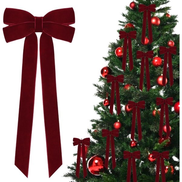 12Pcs Burgundy Velvet Ribbon Bows Christmas Tree Decorations,5in x 10in Xmas