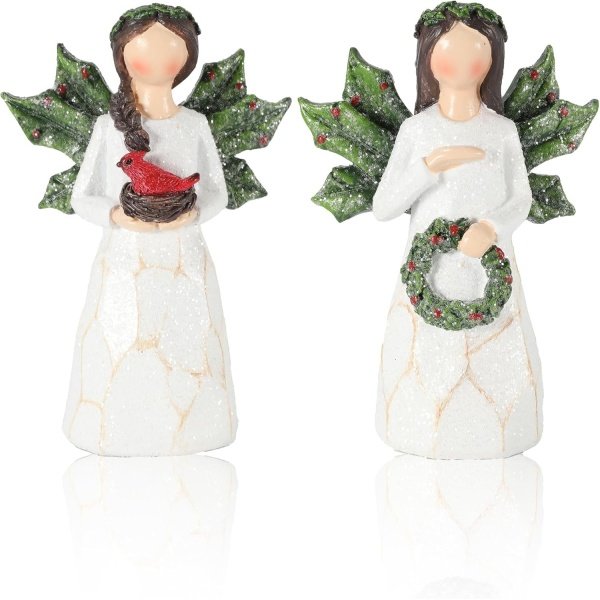 GoGnome Set of 2 Sparkling Christmas Angel Figurines with Glitter Wings