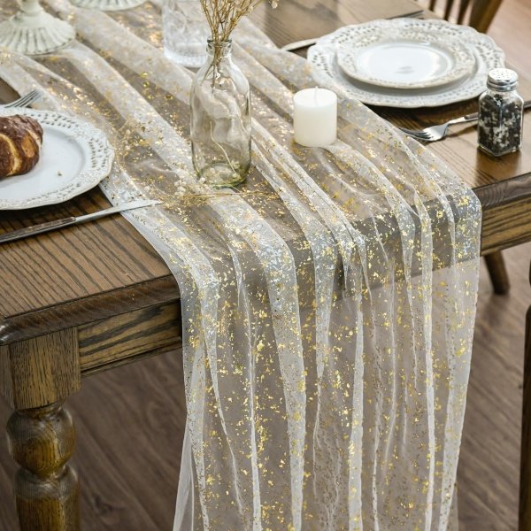 Artoid Mode Beige Gold Gauze Table Runner 120 Inch 10FT, Glitter Metallic Foil