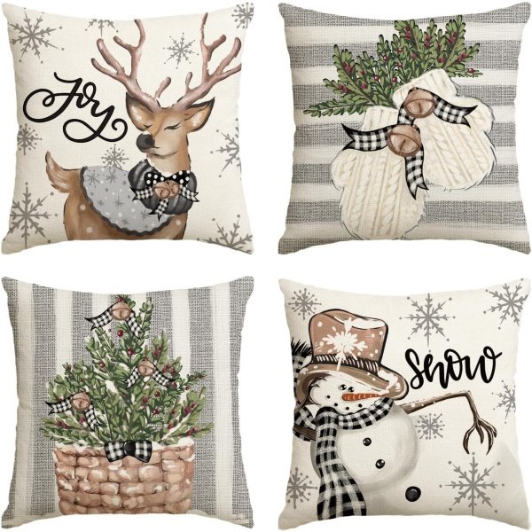 AVOIN colorlife Christmas Snowman Reindeer Gloves Eucalyptus Throw Pillow