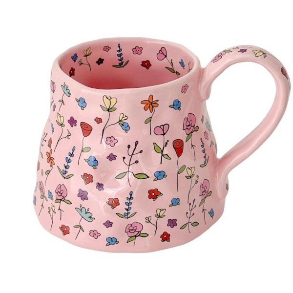 MOVLEN Large Ceramic Coffee Mug Pink Cute Flower with Handmade Big Handle