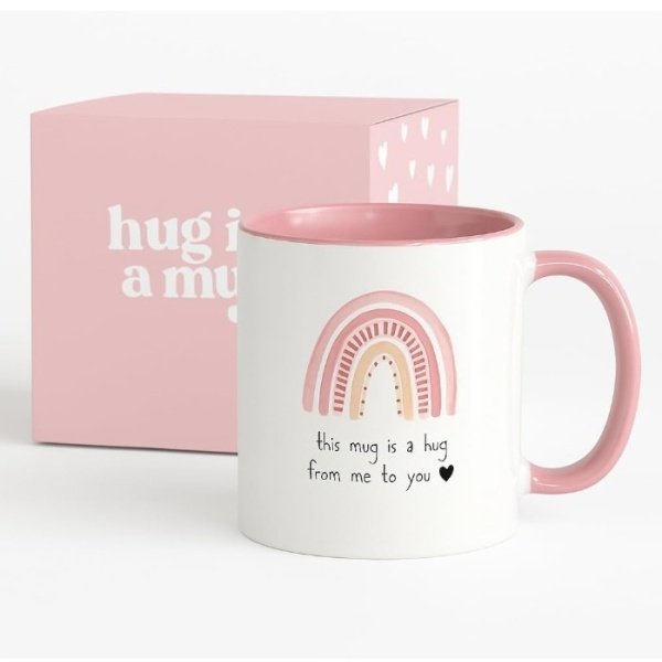 UNBOXME GIFTS Hug in a Mug – 12 oz Pink Coffee Mug with Heartfelt Quote