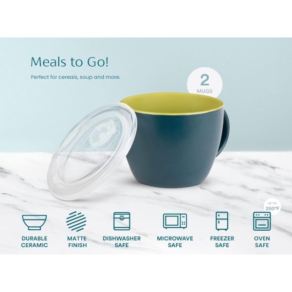 KOOK Ceramic Soup Mug Set with Lid & Handles