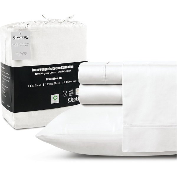 100% Organic Cotton Sheets King Size Sheets Set with Fully Elasticated Fitted