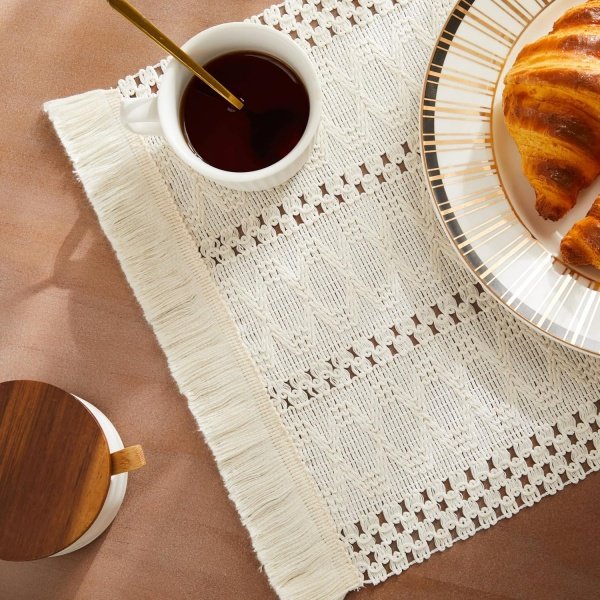 ZeeMart Macrame Style Boho Placemats Set of 4, Ivory Decorative Natural