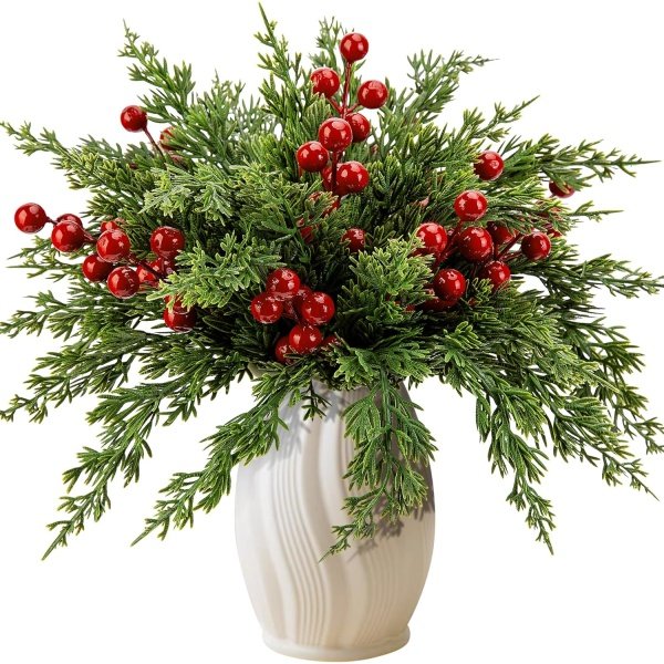 Watayo 45 Pcs Christmas Artificial Pine Branches with Red Berry Stems, 10.5"